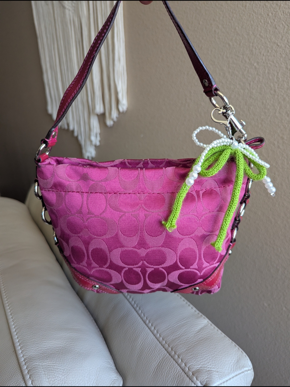 Coach Pink Signature Jacquard Shoulder Bag with Pearl Charm